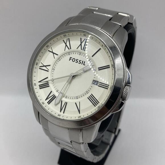 Men’s Fossil Grant Watch Silver Tone Stainless Steel Roman Numeral FS4734 Runs